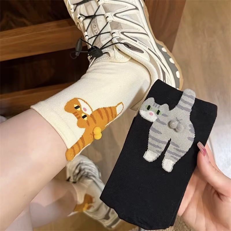 Adorable Cartoon Cat Egg Couple Socks - Cozy Mid-Calf Cotton Socks Perfect for Maternity and Winter Gifting!