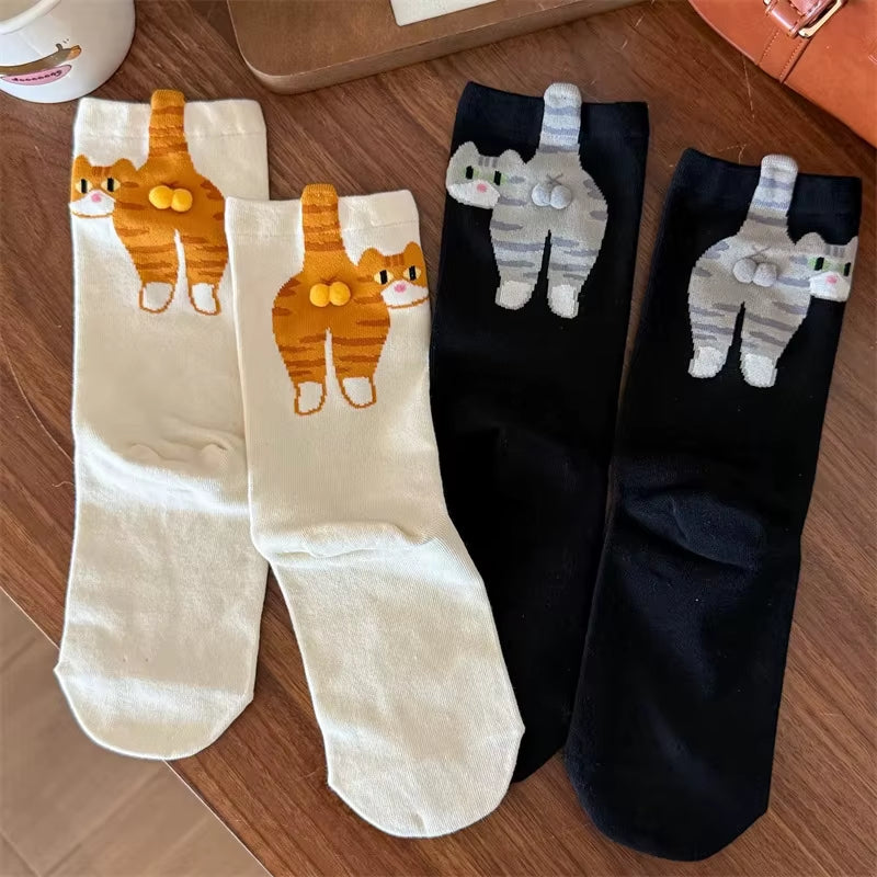 Adorable Cartoon Cat Egg Couple Socks - Cozy Mid-Calf Cotton Socks Perfect for Maternity and Winter Gifting!