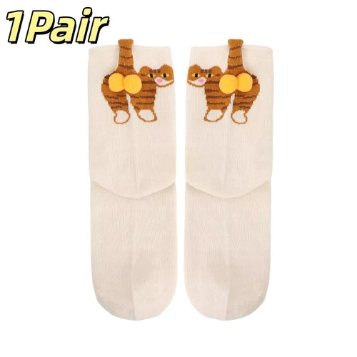 Adorable Cartoon Cat Egg Couple Socks - Cozy Mid-Calf Cotton Socks Perfect for Maternity and Winter Gifting!