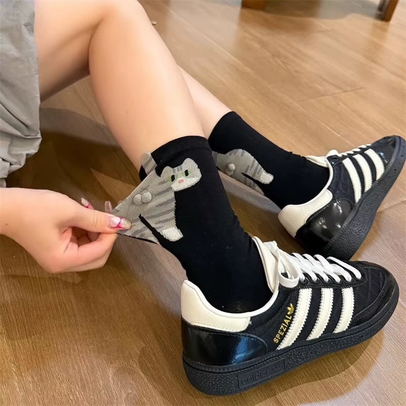 Adorable Cartoon Cat Egg Couple Socks - Cozy Mid-Calf Cotton Socks Perfect for Maternity and Winter Gifting!