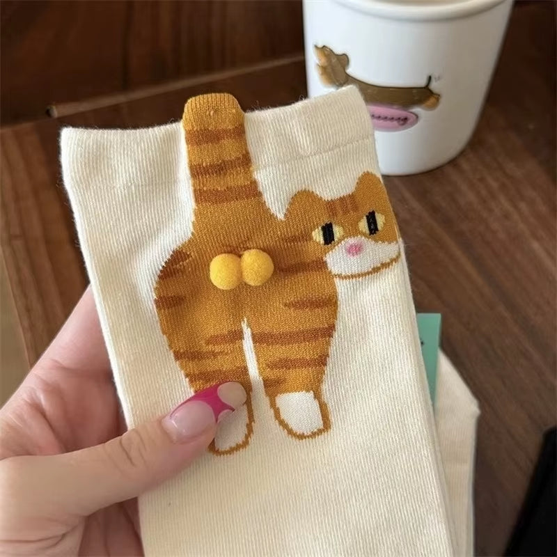 Adorable Cartoon Cat Egg Couple Socks - Cozy Mid-Calf Cotton Socks Perfect for Maternity and Winter Gifting!