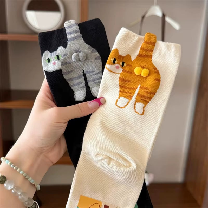 Adorable Cartoon Cat Egg Couple Socks - Cozy Mid-Calf Cotton Socks Perfect for Maternity and Winter Gifting!