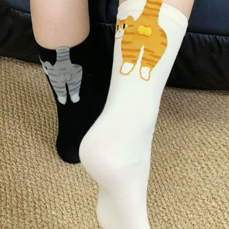 Adorable Cartoon Cat Egg Couple Socks - Cozy Mid-Calf Cotton Socks Perfect for Maternity and Winter Gifting!